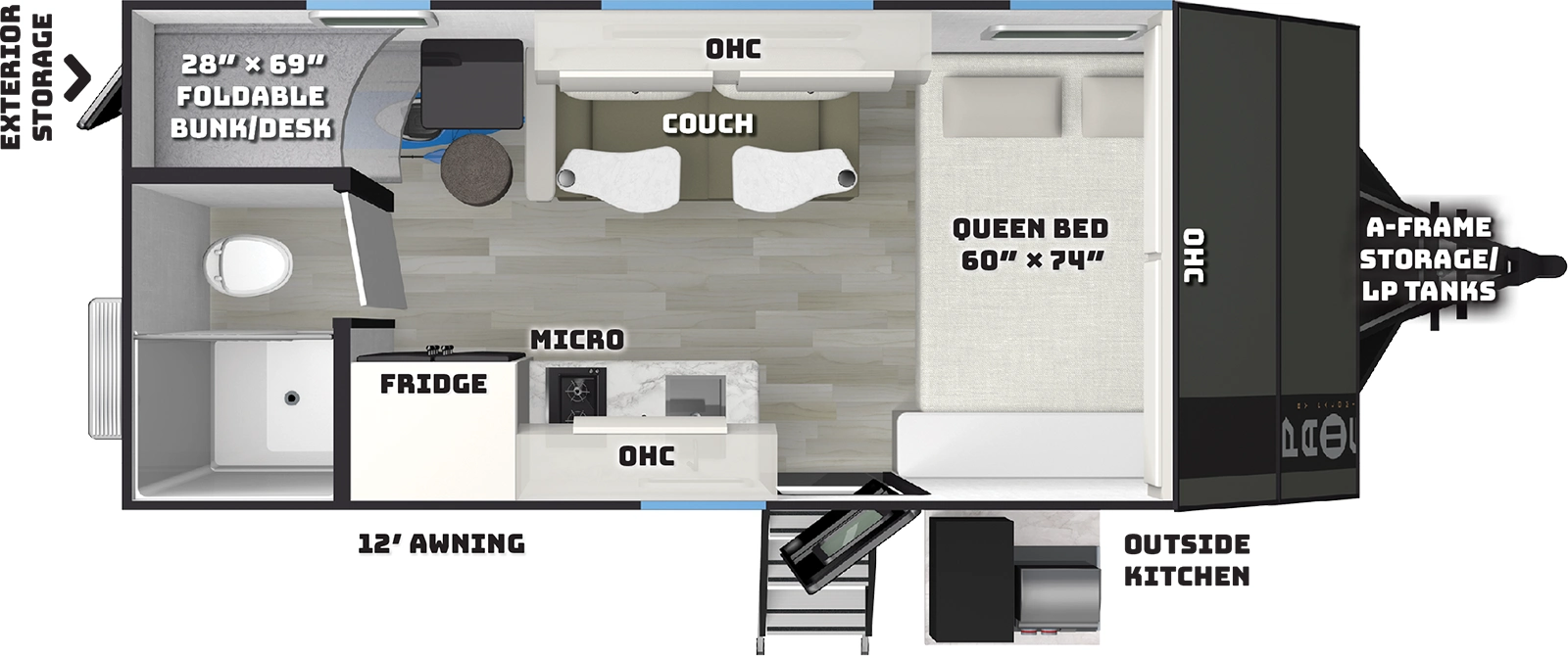 The Pause R17BH floorplan has one entry and zero slide outs. Exterior features include: fiberglass exterior, 12' awning and outside kitchen. Interiors features include: bunk beds and front bedroom.